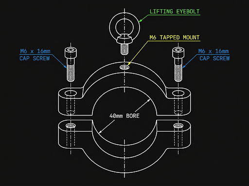 Exploded view — collar, cap screws, eyebolt